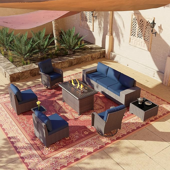 10 Pieces Outdoor Patio Furniture Set Outdoor Furniture Patio Sectional Sofa Conversation Set w/ETL Approved 45" Gas Outdoor Fire Table & Coffee Table, Swivel Rocking Chair Navy.
