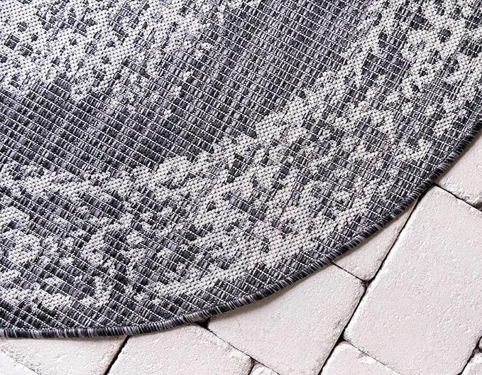 Unique Loom Outdoor Traditional Collection Area Rug - Timeworn (4' 1" Round, Charcoal Gray/ Gray)
