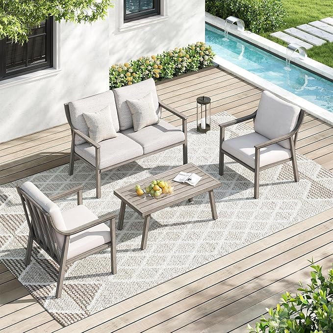 Patio Conversation Sets 4 Pieces - Aluminum Loveseat Outdoor Furniture Sets with Thick Cushion, Coffee Table and Chairs Set of 2, Rustproof and Waterproof for Porch Deck Yard, Grey