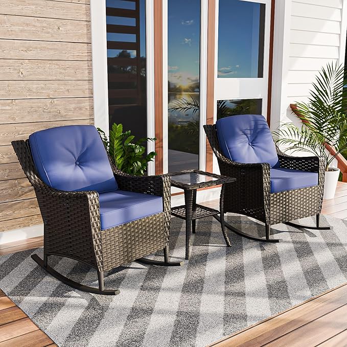 COOS BAY Stone Harbor Patio Bistro Set, 3 Piece Rattan Patio Table and Chairs Set, Wicker Rocking Chairs with Side Table, Small Balcony Furniture Set, Brown/Blue