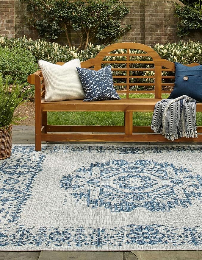 Unique Loom Outdoor Traditional Collection Area Rug - Timeworn (13' Square, Blue/ Gray)