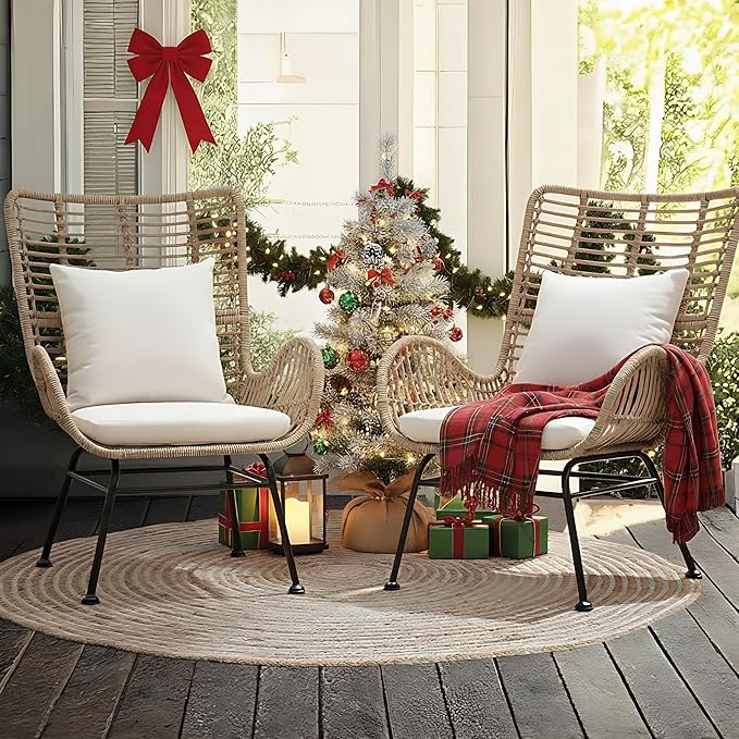 IDZO Isabelle Upgraded 2000 Hours UV Wicker Chairs Outdoor Set of 2, 500 lbs Capacity Outdoor Patio Chair, All-Weather Club Chair with Water-Resistant Olefin Cushions, Boho Style, Beige