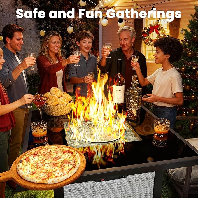 Propane Fire Pit Table, Outdoor Fire Pit Table, 28" Rattan Square Outdoor Gas Fire Pit with Glass Wind Guard, Tempered Glass Tabletop, Lid, CSA Listed, 50,000 BTU for Outside Patio Deck & Garden