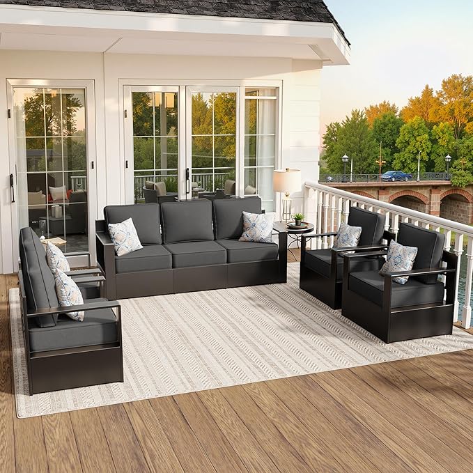 Aluminum Outdoor Conversation Furniture Set - All Weather Patio 79" Sofa with 4 Armchairs, 6" Water-Resistant Cushions & Furniture Covers & Metal Armrest for Deck Porch (Grey)