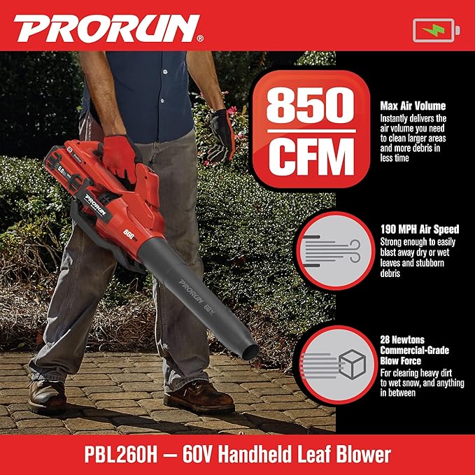 PRORUN 60V 810 CFM 190 MPH Cordless Handheld Leaf Blower with 5.0 Ah Battery and Charger