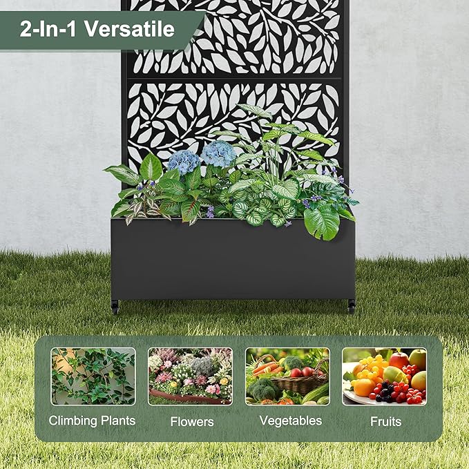 Metal Planter Box with Trellis and Wheels, 35" L×16" W×71" H Outdoor Raised Beds with Privacy Screen, Drainage Holes for Climbing Plants (Black Leaf)