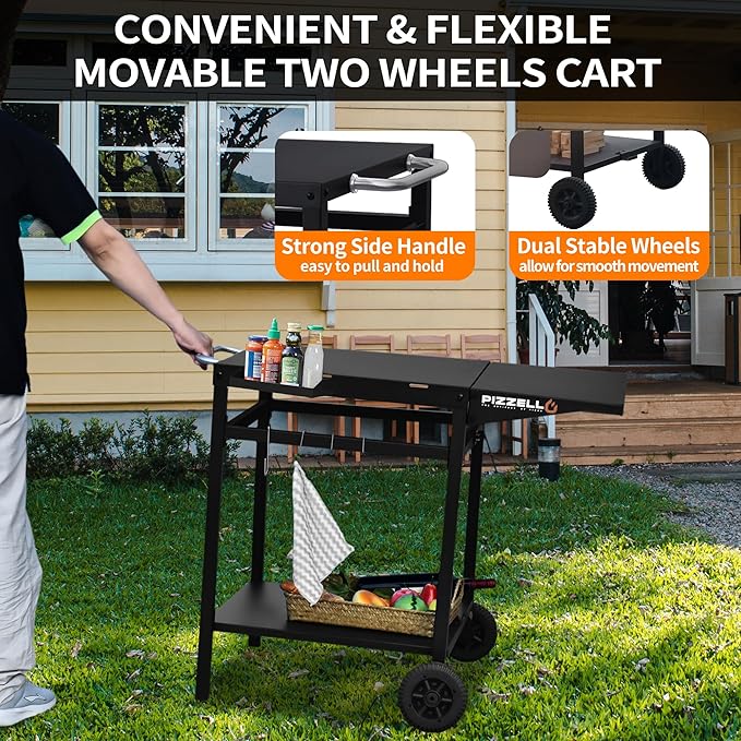 PIZZELLO Outdoor Grill Table Cart 35" x 22" Movable Pizza Oven Stand Foldable Double-Shelf Grill Cart Food Prep Trolley Dining Cart Fit for Ooni Ninja Woodfire Blackstone Pizza Oven