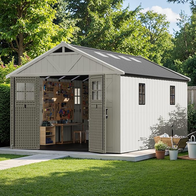 Patiowell 10 x 14 FT Outdoor Storage Shed, Plastic Shed with Floor and Skylight, Resin Storage Shed with Four-Window and Lockable Door for Garden, Patio, Backyard, Beige