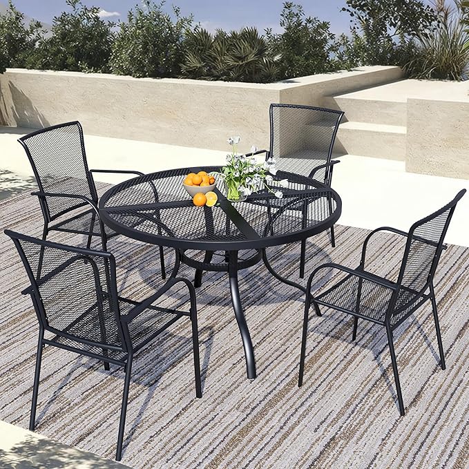 5 Piece Outdoor Dining Set, Patio Dining Set for 4, 42" Mesh Round Table with 4 Black Metal Mesh Outdoor Dining Chairs with Armrest for Lawn, Garden, or Porch