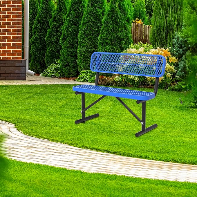 4 Feet Heavy Duty Metal Park Bench for Outside, Outdoor Bench with Backrest & Portable Frame, Thermoplastic Coating, Commercial Benches for Shopping Malls, Stores, Parks, Patios, Decks, Blue