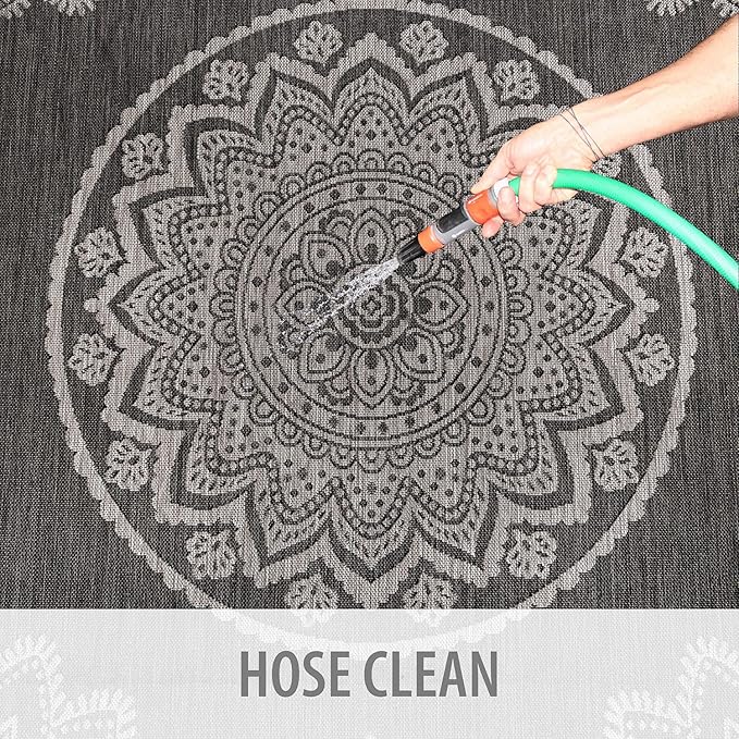 CAMILSON Outdoor Rug 9x12 Modern Area Rugs for Large Indoor and Outdoor Patios and Porches - Washable, Non-Shedding, Easy-to-Clean Outside Carpet (9 x 12, Medallion - Dark Grey/Light Grey)