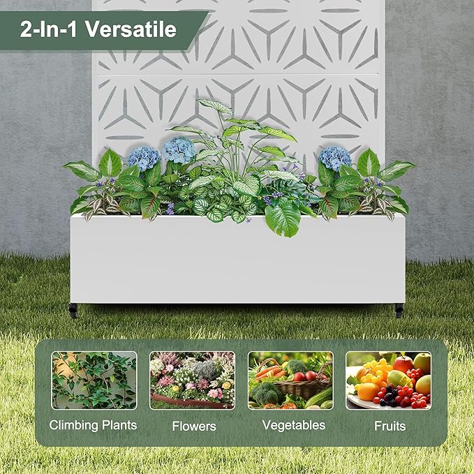 Metal Planters Box with Trellis & Privacy Screen for Patio, Large Raised Garden Beds with Drainage Holes & Wheels, 47" L×16" W×71" H Standing Flower Beds with Trellis (White Star)