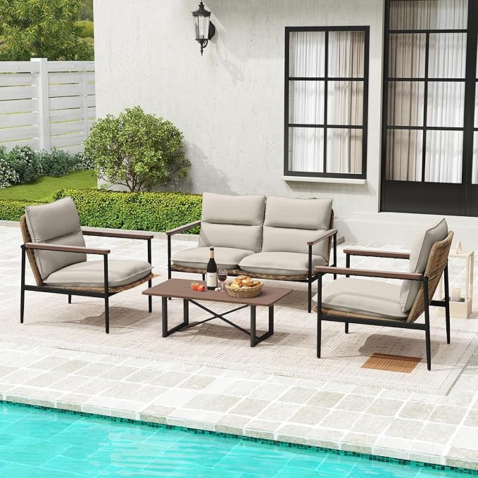 4-Piece Patio Furniture Sets, All Weather Rattan Patio Conversation Set with Aluminum Frame, Loveseat, 2 Chairs and Coffee Table, Smooth Wooden Armrest & Olefin Cushion for Yard Deck Porch