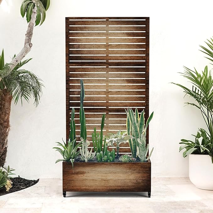 Metal Planter Box with Privacy Screen, Trellis with Planter Box for Climbing Plants, Standing Flower Bed with Wheels & Drainage Holes (35" L, Retro Brown Wood Grain)