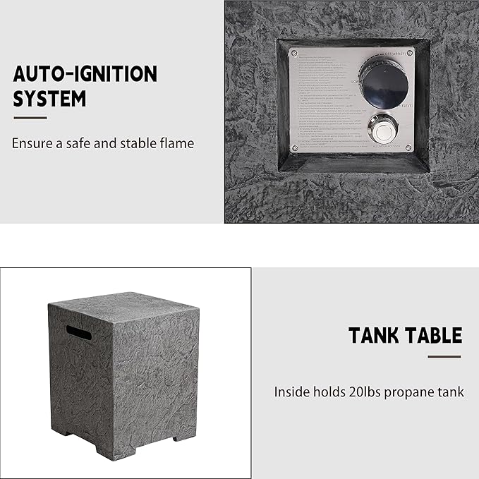 48 Inch Propane Fire Pit Table, Outdoor Rectangle Fire Table w Tank Table (50,000 BTU), 3 Piece Slate Gas Fire Pit in Dark Grey w Glass Wind Guard and White Fire Glass for Garden, Backyard