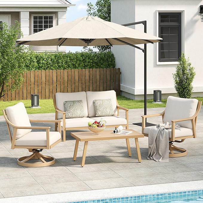 Patio Conversation Sets 4 Pieces - Aluminum Loveseat Outdoor Furniture Sets with Thick Cushion, Coffee Table and Swivel Chairs Set of 2, Rustproof and Waterproof for Porch Deck Yard, Beige