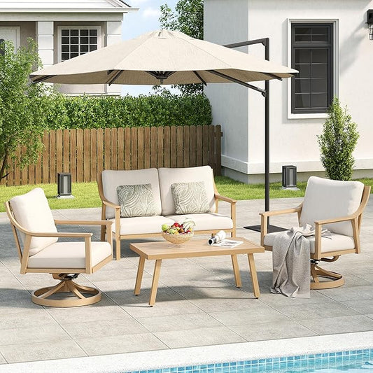 Patio Conversation Sets 4 Pieces - Aluminum Loveseat Outdoor Furniture Sets with Thick Cushion, Coffee Table and Swivel Chairs Set of 2, Rustproof and Waterproof for Porch Deck Yard, Beige