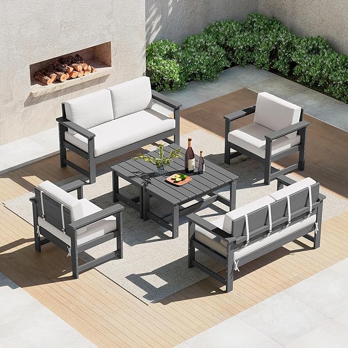 SERWALL 6 Pieces HDPE Outdoor Sofa Set with Cushions, Outdoor Conversation Couch Loveseat Furniture Set with Coffee Table for Balcony, Deck, Poolside, Grey Frame with Khaki Cushions