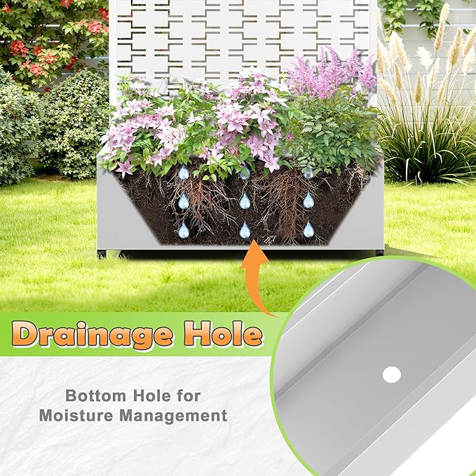 Metal Raised Garden Bed with Trellis, 2-in-1 Planter Box & Privacy Screen for Climbing Plants, Outdoor Standing Flower Bed with Drainage Holes, 35.4" L x 15.7" W x 70.1" H, White-Brick