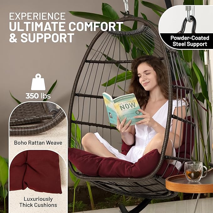 SereneLife Foldable Egg Swing Chair with Stand Outdoor Indoor Rattan Wicker Hanging Egg Chair with Waterproof Cushion and Headrest Cozy Patio Porch Bedroom Garden Relaxing Swing for Adults Heavy Duty