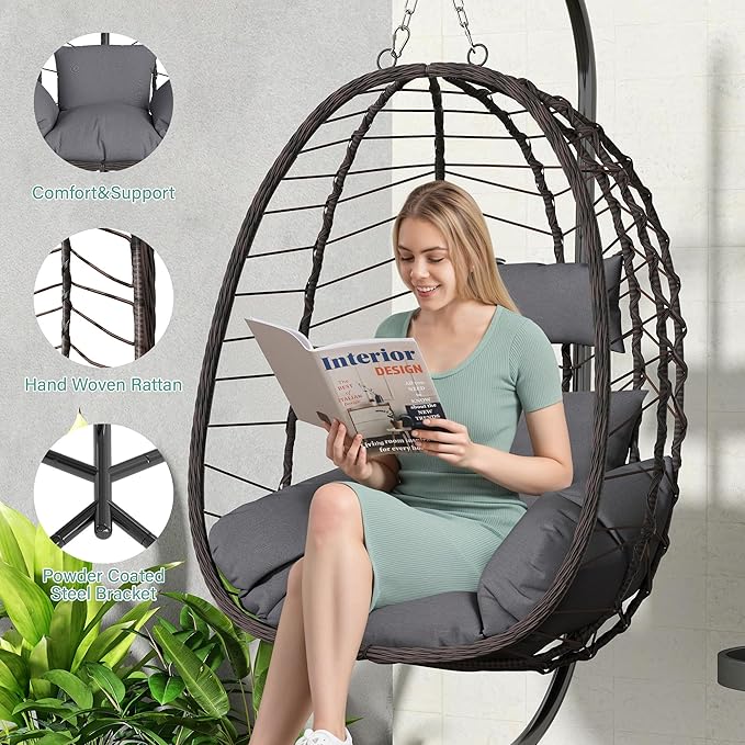 Hanging Egg Chair with Stand, Swinging Egg Chair Outdoor Indoor, Hanging Basket Chair with Cushion, Patio Wicker Hammock Chair 350lbs Capacity for Bedroom, Porch, Balcony, Backyard, Garden (Grey)