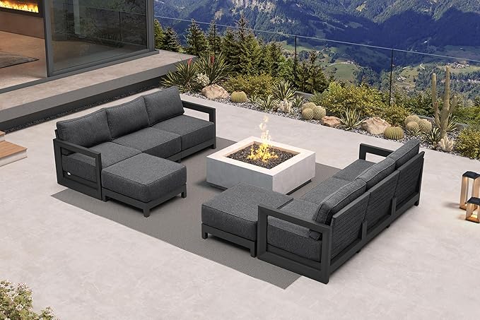 PURPLE LEAF Patio Furniture Set L-Shaped Outdoor Couch with 9.6" Thick Cushion and Soft Pillows 8 Piece Outdoor Sectional Sofas with Ottoman Modern Outdoor Conversation Sets for Yard Porch Deck, Grey