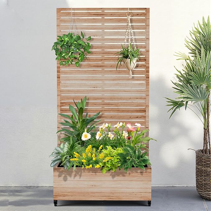 FENCY Metal Raised Garden Bed with Wheels and Trellis,73"x35"x16" Planter Box for Climbing Plants, Vegetables & Vines, Features Privacy Screen and Drainage Holes (Acacia Wood Finish)
