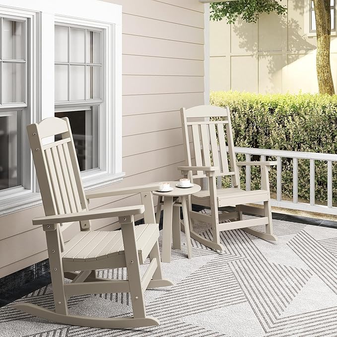 Outdoor Rocking Chairs Set of 6, Oversized High Back Patio Rocking Chairs, All Weather Porch Rocking Chairs for Outside. Sand