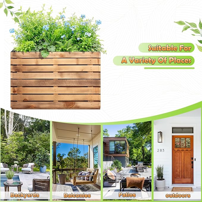 Metal Planter Box Rectangular Planter Box with Drainage Hole, Outdoor Large Planters, All-Weather Use, Rust-Resistance, for Flowers Plants, 35.4" L × 9.1" W × 25.6" H, Dark Walnut