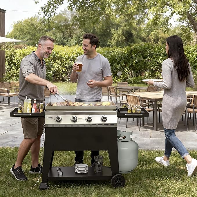 36 Inch Outdoor Flat Top Gas Propane Griddle with 5 Burners 50,000BTU,Powder Coated Steel Portable Gas Grill with Side Shelves for BBQ,Camping,Backyard