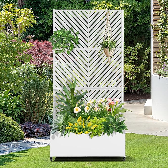 FENCY Metal Raised Garden Bed with Wheels and Trellis,73"x35"x16" Planter Box for Climbing Plants, Vegetables & Vines, Features Privacy Screen and Drainage Holes (White-Arrow)