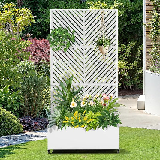 FENCY Metal Raised Garden Bed with Wheels and Trellis,73"x35"x16" Planter Box for Climbing Plants, Vegetables & Vines, Features Privacy Screen and Drainage Holes (White-Arrow)