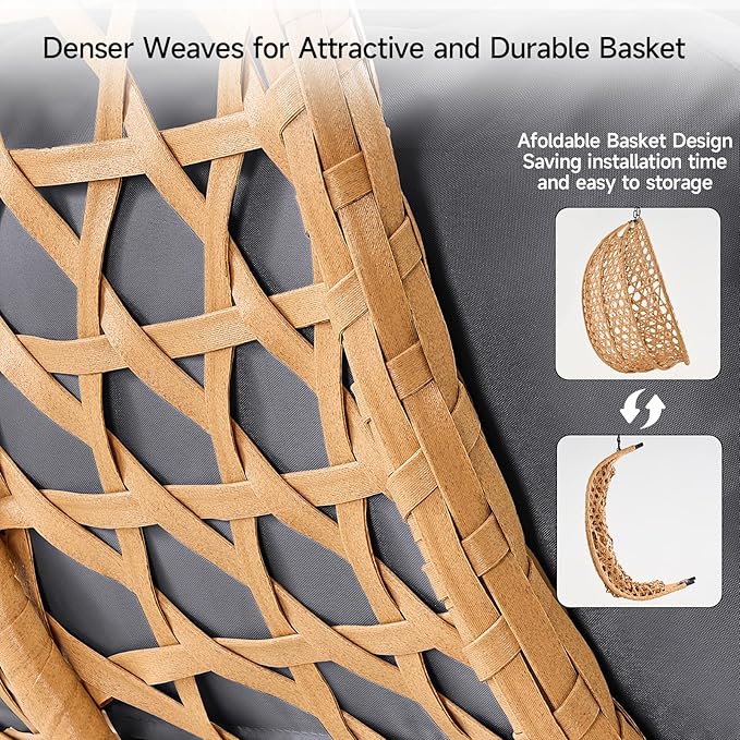 ONBRILL Double Hanging Egg Chair with Stand, Bohemian Knot Style Hammock Swing Chair, Foldable Basket & Denser Weaves, 650 Lbs Capacity Loveseat with UV Resistant Cushion for Patio, Backyard (Grey)