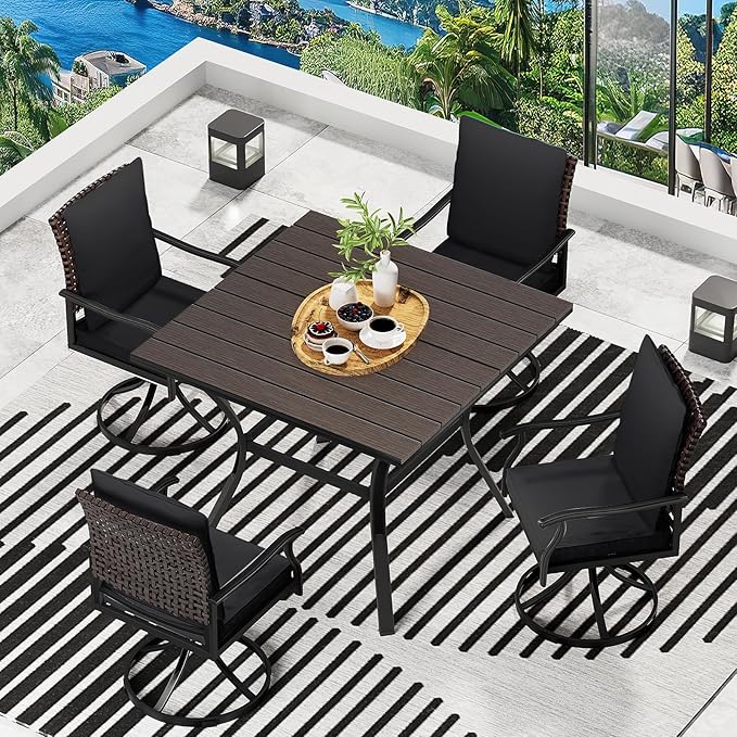 LEVELEVE 5 Piece Outdoor Patio Dining Set with 4 Swivel Dining Chairs & 1 Large Square Dining Table,Bistro Furniture Set for Lawn, Garden, Deck, Backyard and Porch