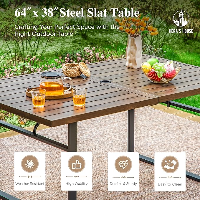HERA'S HOUSE 7 PCS Patio Dining Set, Outdoor Dining Set for 6, 6 x All Weather High Back Padded Dining Chair, 1 x 63 Rectangular Large Wood Like Dining Table for Lawn Garden
