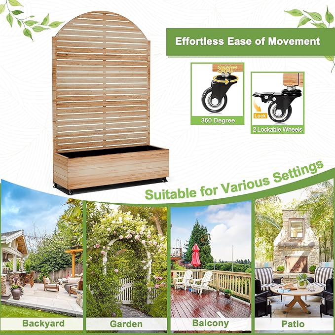 FENCY Metal Raised Garden Bed with Wheels and Trellis,Arched 73"x47"x16" Planter Box for Climbing Plants, Vegetables & Vines, Features Privacy Screen and Drainage Holes (Acacia Wood Finish)