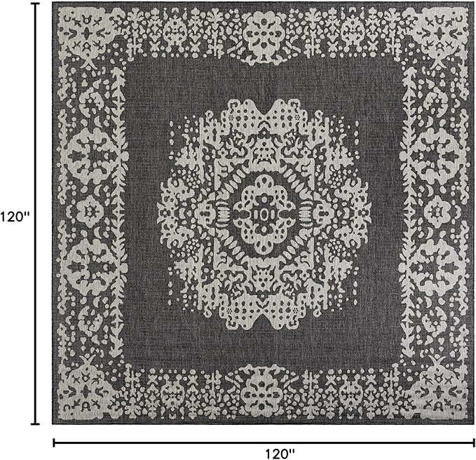 Unique Loom Outdoor Traditional Collection Area Rug - Timeworn (10' Square Charcoal Gray/Gray)