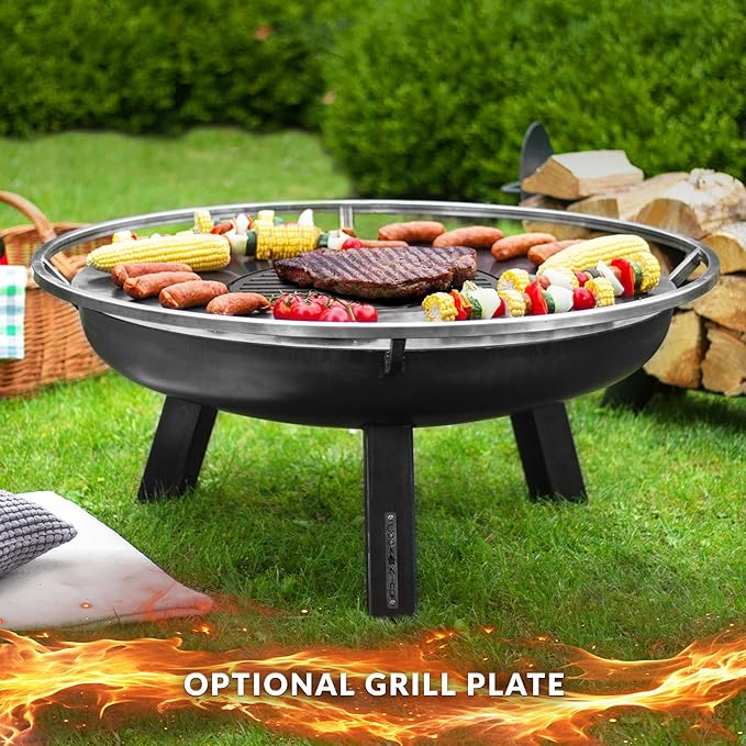 Ember 24" Handcrafted Cooking Fire Pit with Cover Lid Attachment for Wood Burning Fireplace for Backyard Grilling Campfire for Camping, Medium Outdoor Medium Steel Firepit by Good Directions