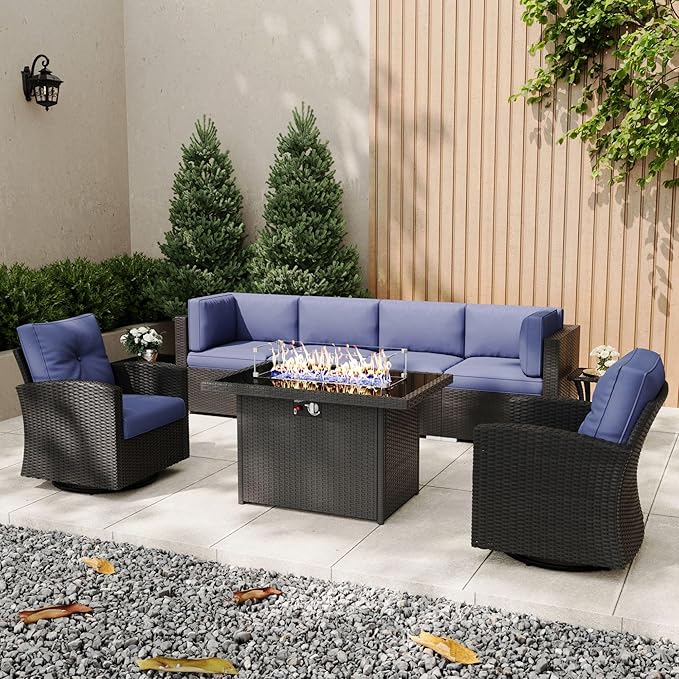 Patio Furniture Set with Fire Pit Table, 9 Pieces Outdoor All-Weather Wicker Conversation Sectional Chair Sofa Set with 2 Swivel Chairs