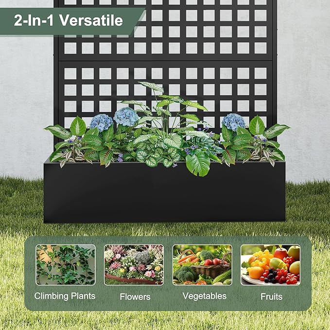 Metal Raised Garden Beds Outdoor with Trellis & Privacy Screen for Outdoor Plants, Planter Box for Climbling Plants, Flowers, Vine, Large Garden Boxes with Drainage Holes (47"L×16"W×71"H, Black)