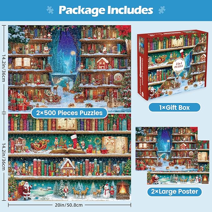 Sutinban 2 Packs Christmas Bookself 500 Piece Puzzles for Adults, Jigsaw Puzzle for Kids Adults Seniors, Challenging Colorful Puzzles Family Game Gift Decor 20.0 * 14.2