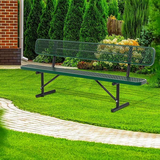 8 Ft Metal Park Bench for Outside, All-Weather Thermoplastic Coating Outdoor Bench with Backrest, Commercial Heavy Duty Benches for Shopping Malls, Stores, Parks, Patios, Decks, Green