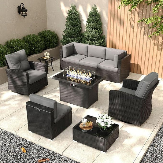 Patio Furniture Set with Fire Pit Table, 9 Pieces Outdoor All-Weather Wicker Conversation Sectional Chair Sofa Set with 2 Swivel Chairs