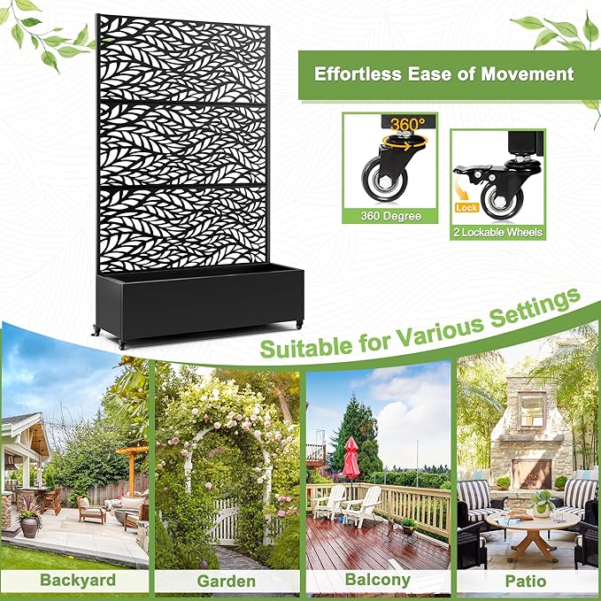 FENCY Metal Raised Garden Bed with Wheels and Trellis,73"x47"x16" Planter Box for Climbing Plants, Vegetables & Vines, Features Privacy Screen and Drainage Holes (Black-Leaf)