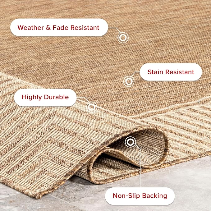 nuLOOM 4' Square Outdoor Area Rug, Casual Design with Striped Border, Stain Resistant, Highly Durable, for Patio, Balcony, Bedroom, Living Room, Dining Room, Bathroom, Light Brown