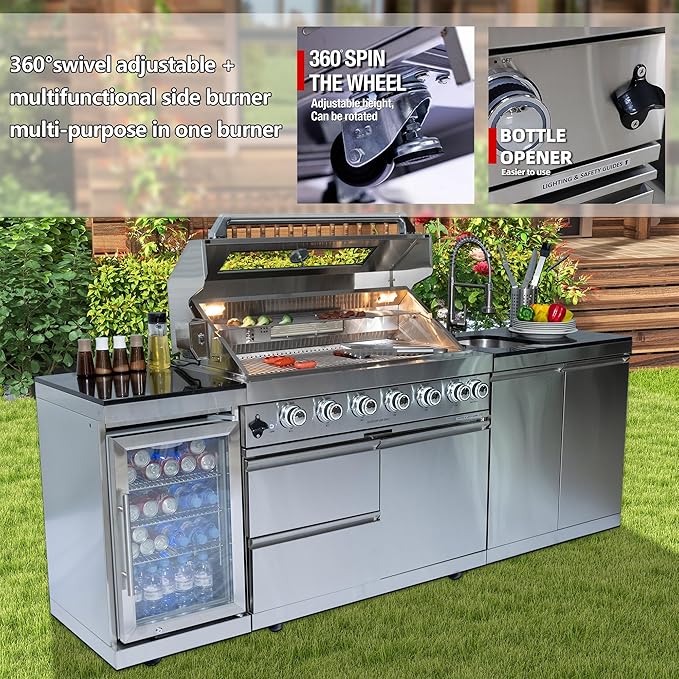 43.5-Inch 6-Burner 85000 BTU Deluxe Stainless Steel Gas Outdoor Kitchen Bar Barbecue Island Grill + Wine Cooler Compact Refrigerator + Rotisserie + Granite Countertops + Storage Cabinets & Drawers
