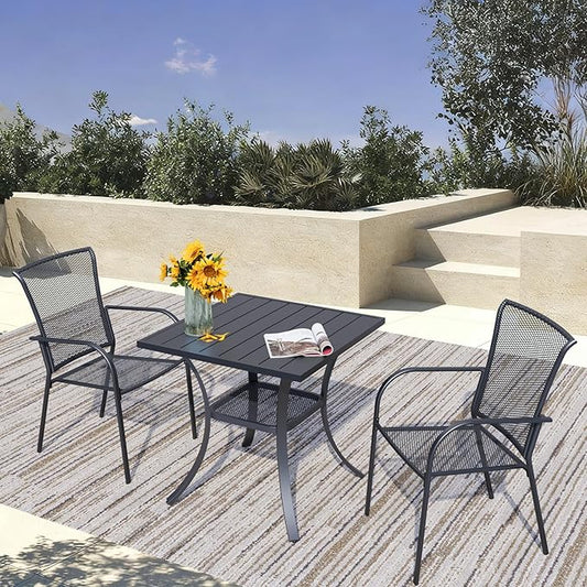 3 Piece Outdoor Dining Set, Patio Dining Set for 2, 27.6" Metal Square Table with 2 Black Metal Mesh Outdoor Dining Chairs with Armrest for Lawn, Garden, or Porch