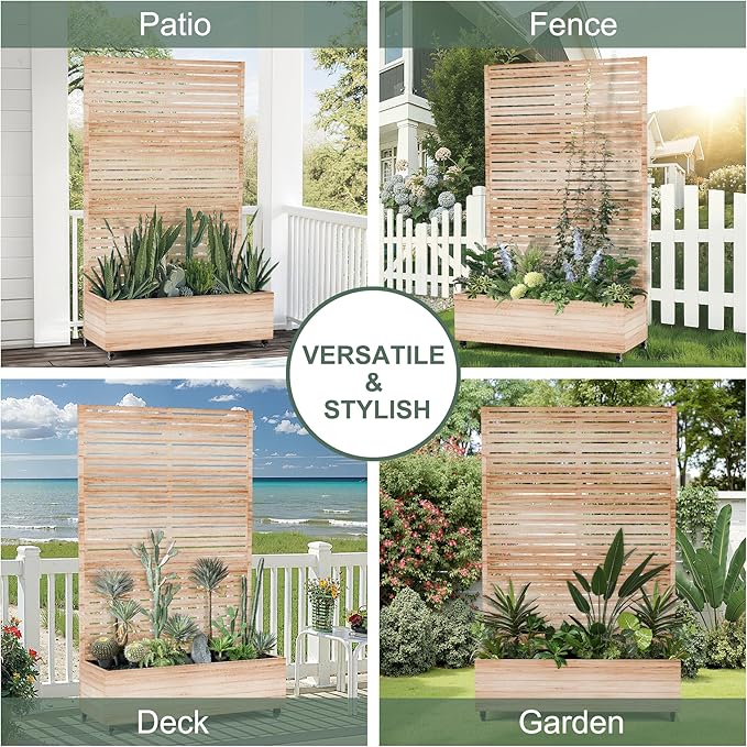 Large Metal Planter Box with Trellis and Wheels for Climbing Plants, Flower Garden Beds with Privacy Screen & Drainage Holes for Patio (47" L, Square White Wood Grain)