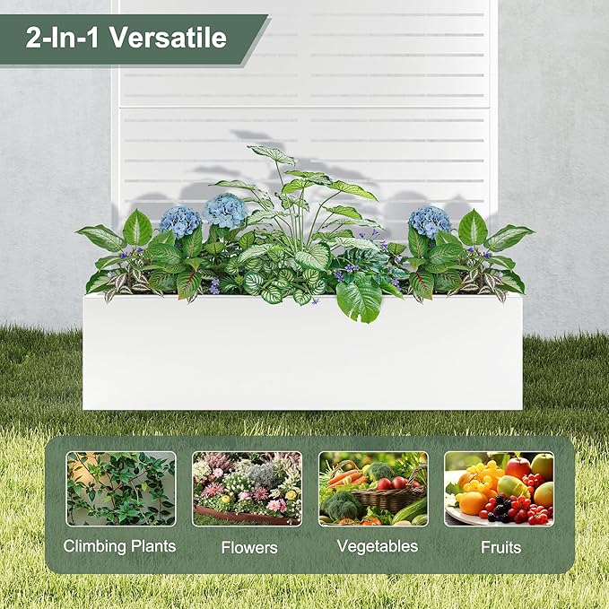 Metal Planter Box with Trellis Privacy Screen, Large Raised Garden Beds with Trellis for Climbing Plants, Flowers, Privacy Planters with Drainage Holes for Patio (47" L, White Blinds)