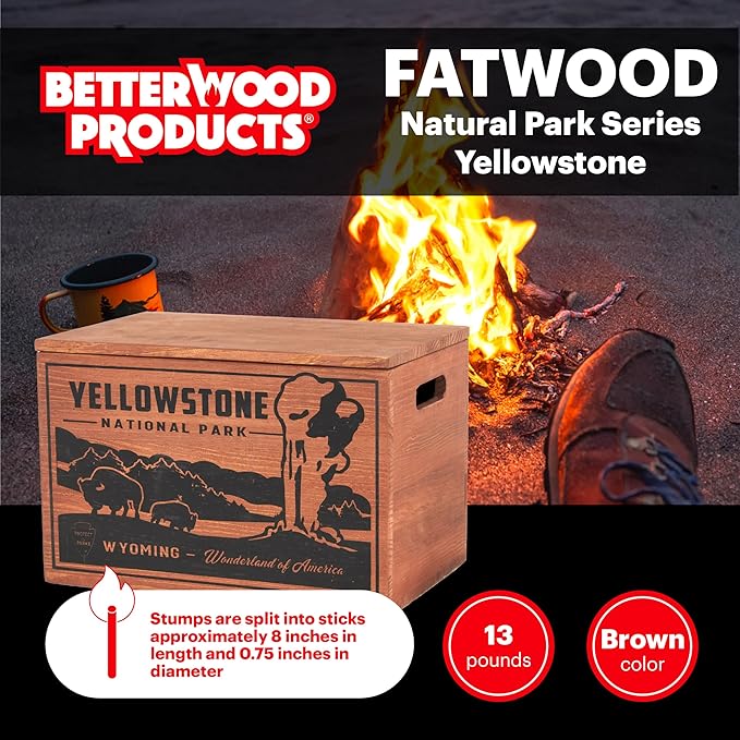 Better Wood Products Limited Edition Protect The Parks Series All Natural Fatwood Fire Starter Sticks, 13 Pound Wooden Crate, Yellowstone